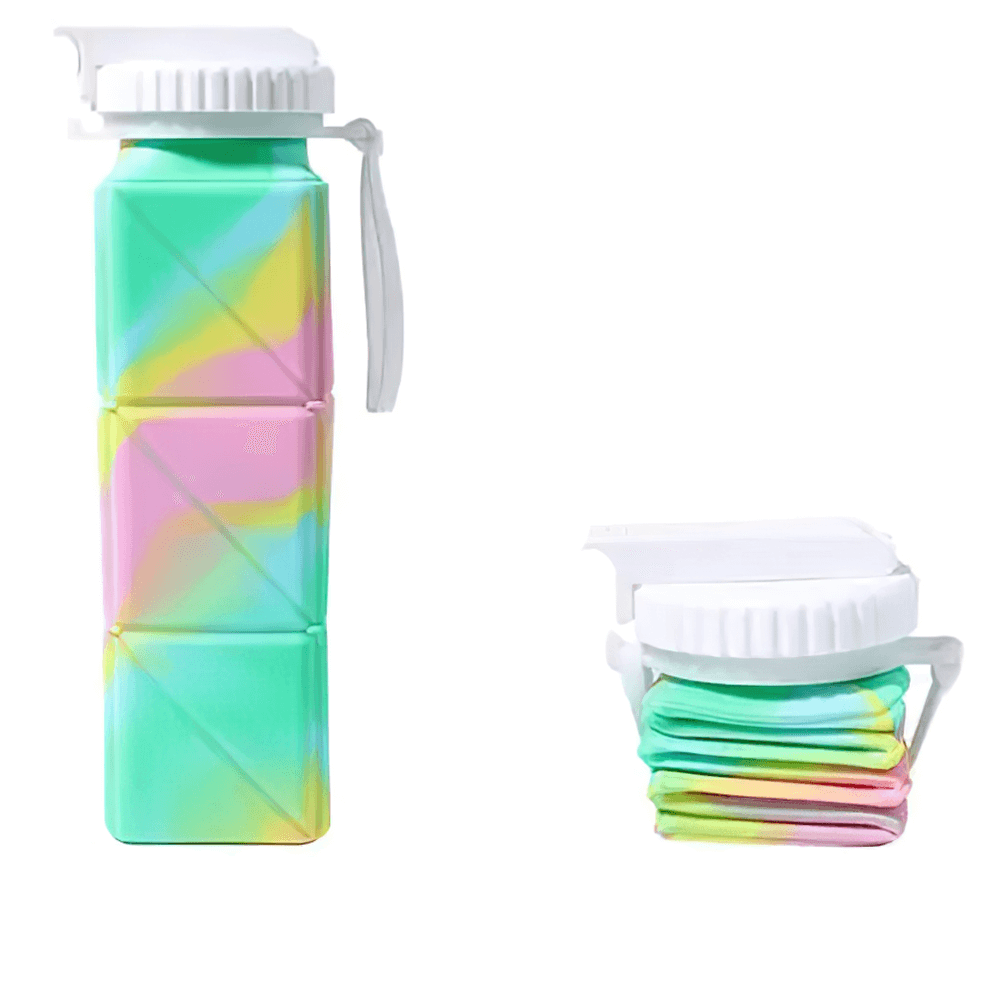 Silicone Collapsible Water Bottle for Travel - SF3483, foldable rainbow design with leakproof straw lid, shown expanded and collapsed.